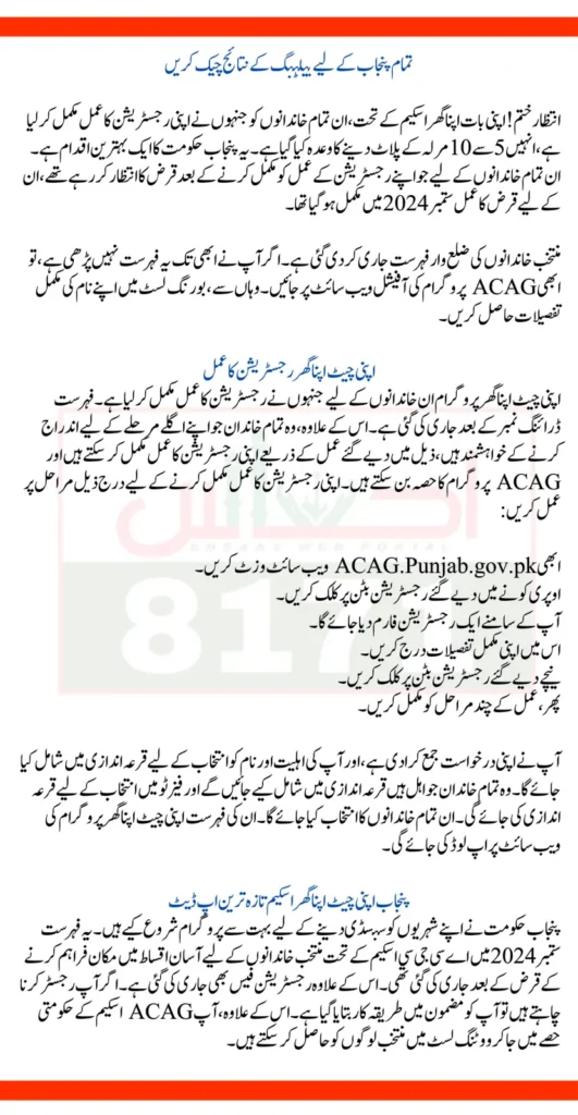 Punjab Apni Chat Apna Ghar Scheme 
Latest Results