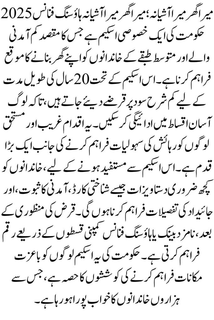 Mera Ghar Mera Ashiana Housing Finance 2025 –20-Year Low-Interest Loan for Families