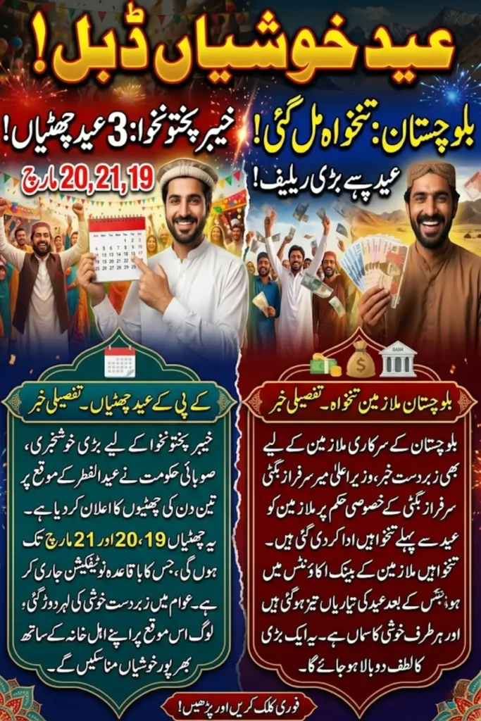 Eid Holidays in Khyber Pakhtunkhwa Announced with Early Salaries for Balochistan Employees